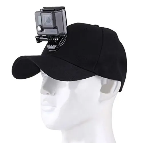 Бейзболна шапка с монтирана GoPro камера на бяла манекенска глава.
