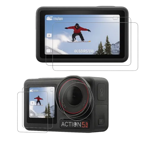 Камера DJI Action 5 с поставени стъклени протектори и снимка на екран.