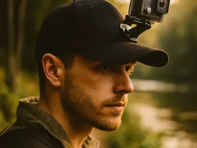 Мъж с бейзболна шапка и GoPro камера на козирката до река.