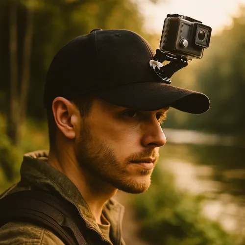 Мъж с бейзболна шапка и GoPro камера на козирката до река.