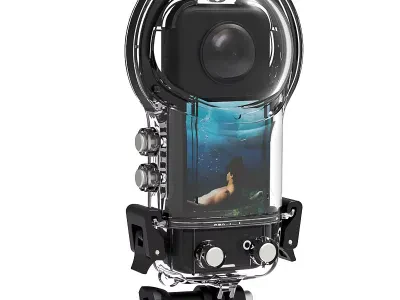 Водоустойчив калъф за Insta360 X3, показващ камерата вътре в него.