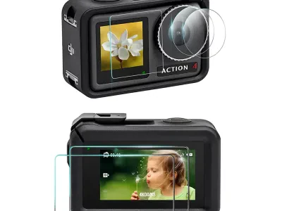 Протектори за екран и леща на DJI Osmo Action 4 в монтажна позиция.