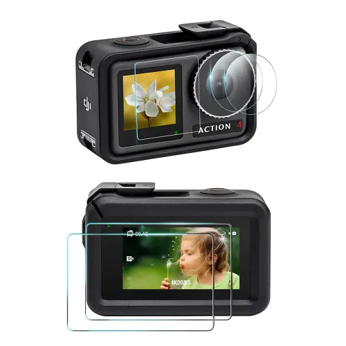 Протектори за екран и леща на DJI Osmo Action 4 в монтажна позиция.