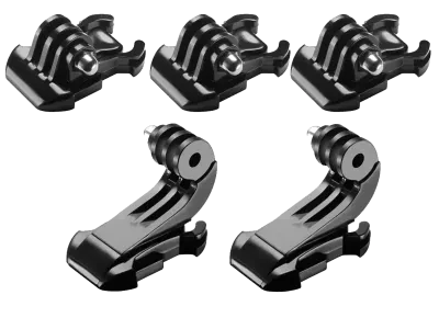 Комплект от пет черни адаптера за GoPro с две J-Hook щипки и три плоски адаптера.