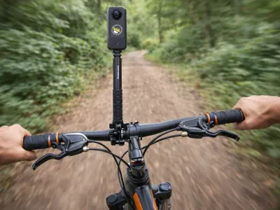 Стойка със стик за insta360, монтирана на кормило на колело.