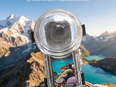 Подводен калъф за Insta360 X5 с прозрачна обвивка и 360-градусова леща.
