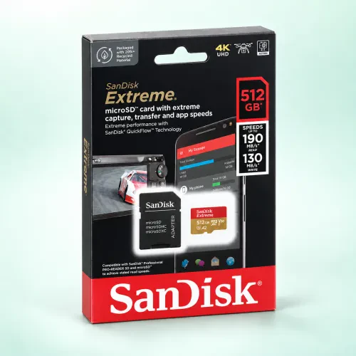 Опаковка на SanDisk Extreme microSDXC 512GB със SD адаптер