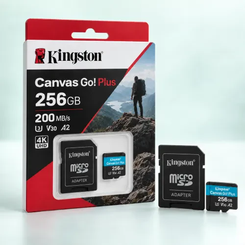 Опакована microSD карта Kingston Canvas Go! Plus 256GB с адаптер и информация.